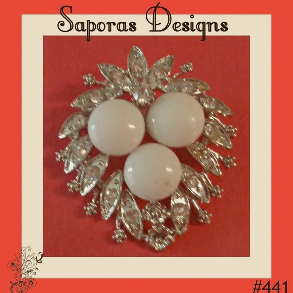 Silver Tone Flower Design Brooch With Clear Crystals & White Beads